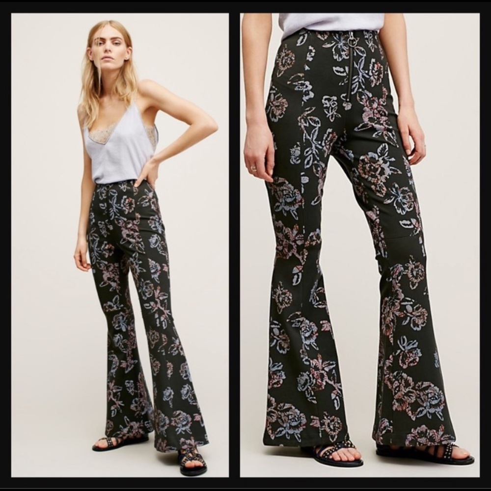 Free People Born To Be Wild Floral Pant High Rise Flares Black & Pink Size 4